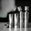 Matte silver 14mm/16mm short spark plug socket with 3/8" drive and strong internal magnet.