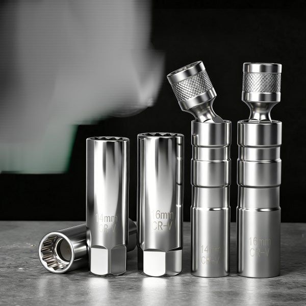 Matte silver 14mm/16mm short spark plug socket with 3/8" drive and strong internal magnet.