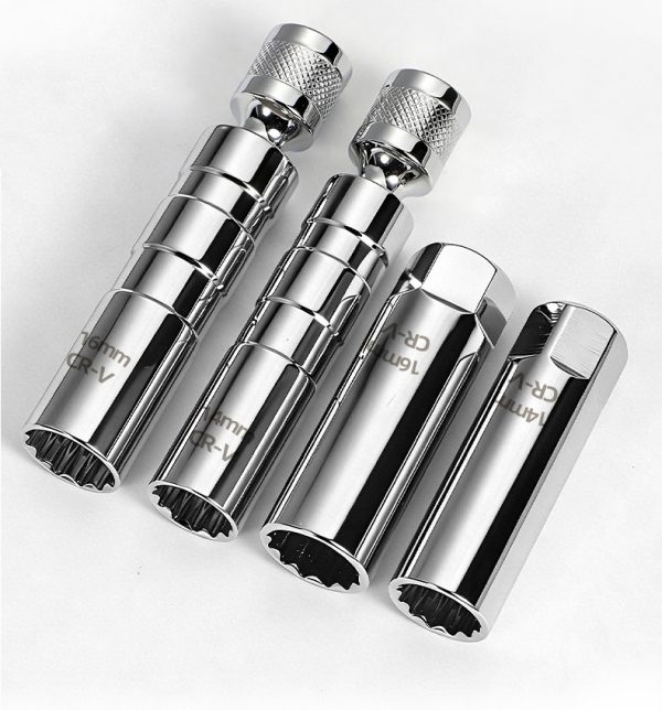 Matte silver 14mm/16mm short spark plug socket with 3/8" drive and strong internal magnet.